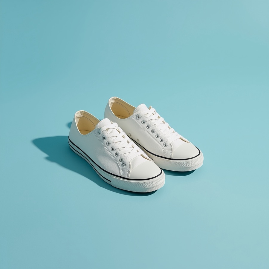 White canvas sneakers on a blue background.